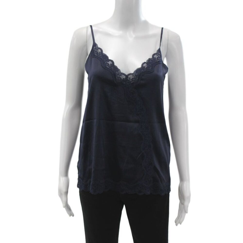 Max & Moi Womens Silk V Neck Lace Tank Top Solid Blue Sleeveless Size 38